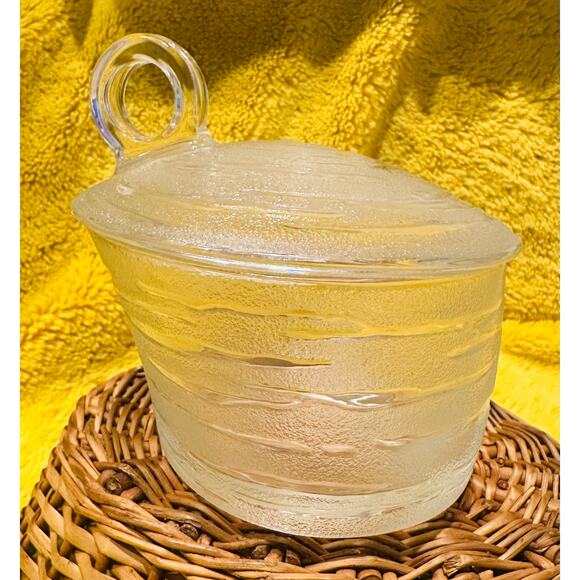 MCM Mid Century Birch Wood Patterned Glass Sugar container with Lid home decor - Picture 1 of 8